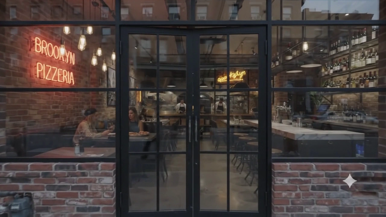 La porte vitrée de Brooklyn Pizzeria, une salle en briques éclairée par des néons.