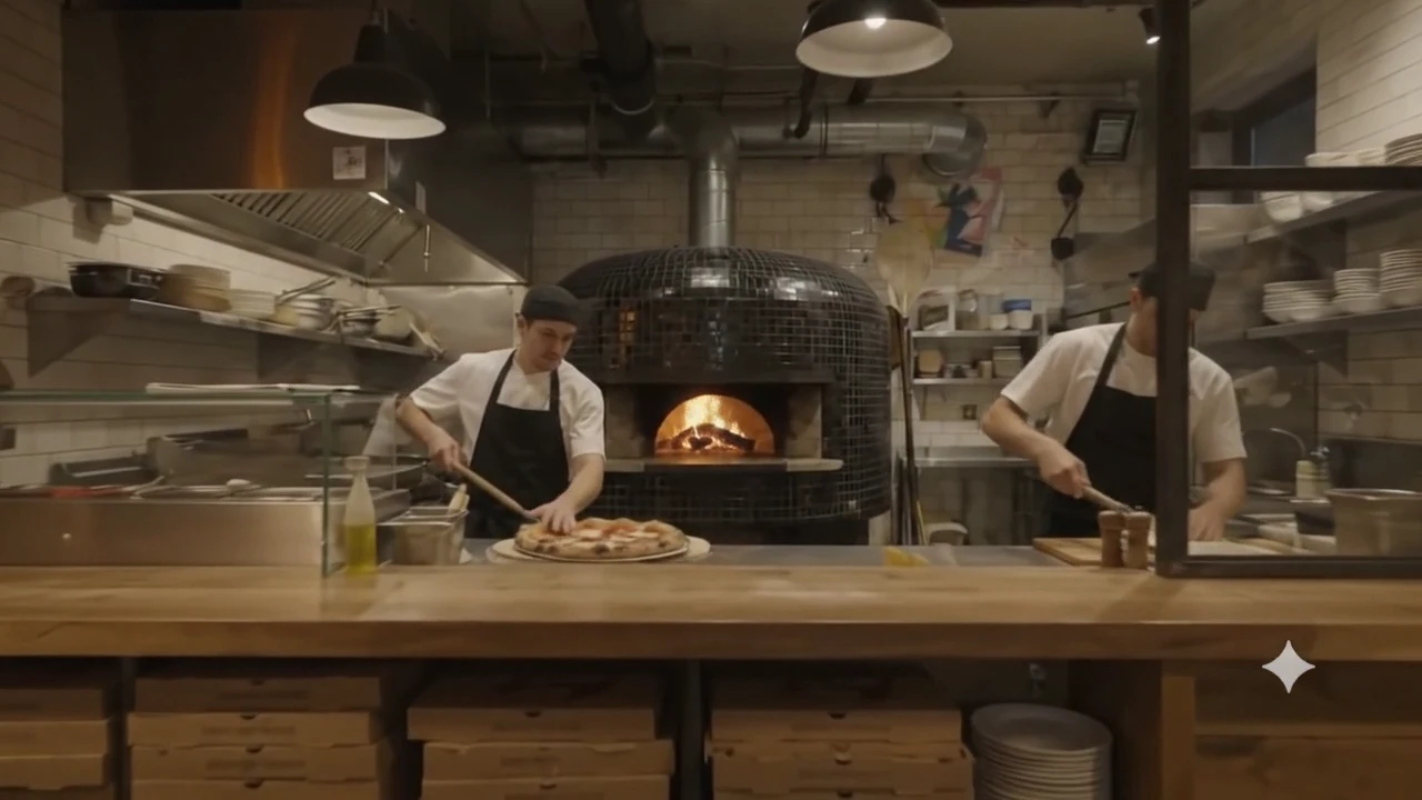 Les pizzaiolos préparant les pizzas devant le four à bois de Brooklyn.