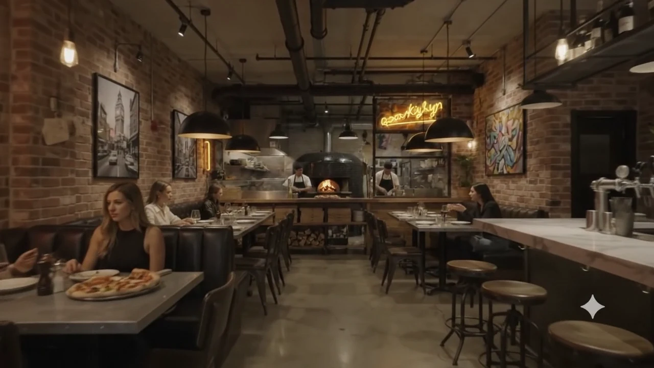 La salle de Brooklyn, ses tables en bois, ses banquettes et le four au fond.
