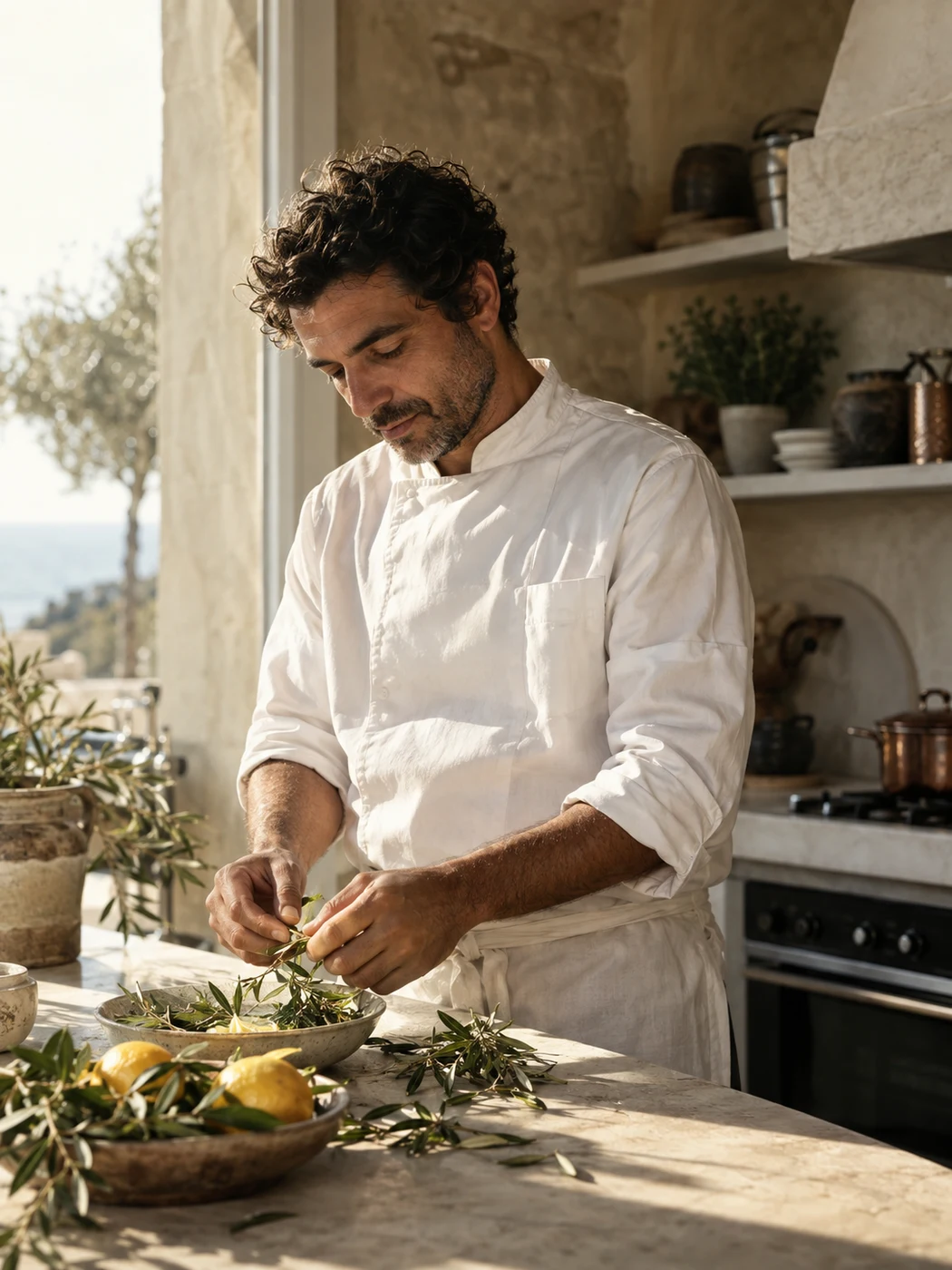 Julien Serra, chef imaginaire d’ORA, dans une cuisine en pierre baignée de lumière