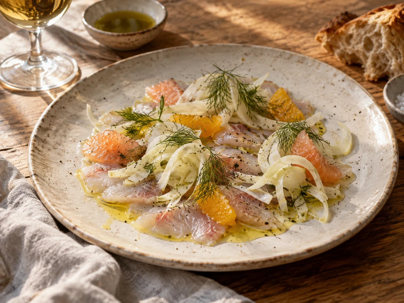 Crudo de daurade aux agrumes et au fenouil sur une assiette artisanale