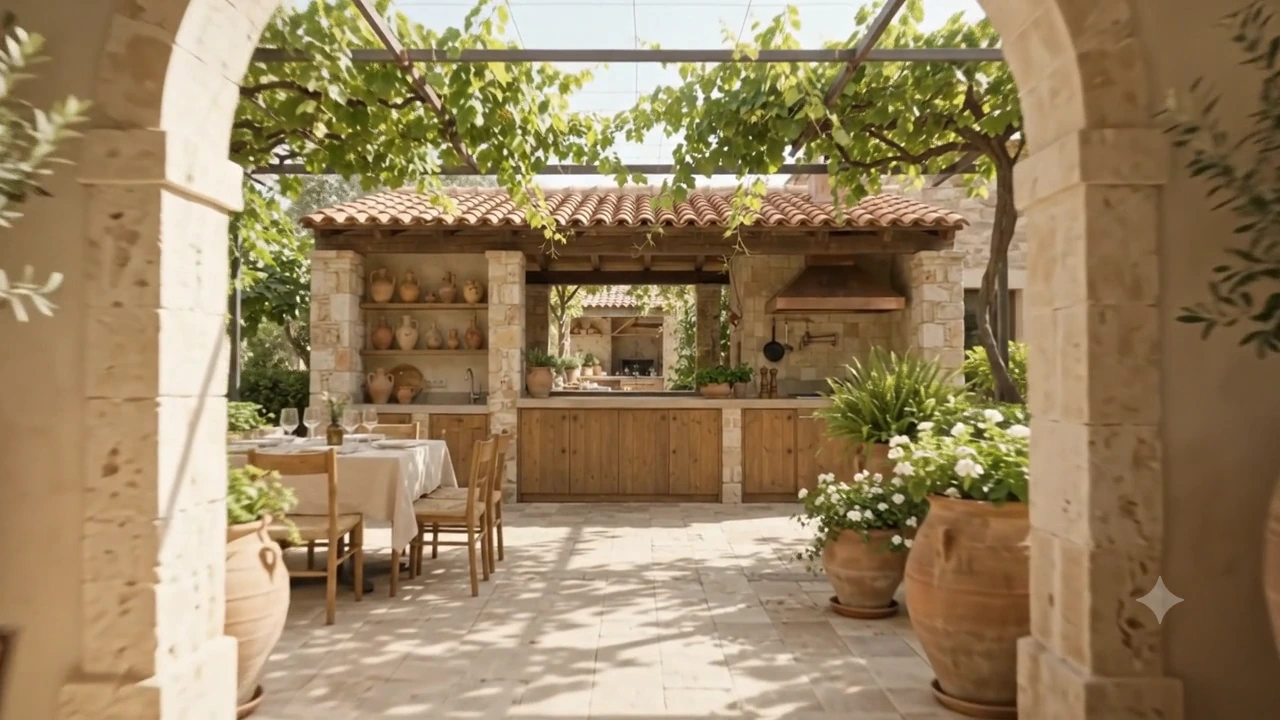 Terrasse sous la vigne et cuisine d’été ouverte au fond de la cour