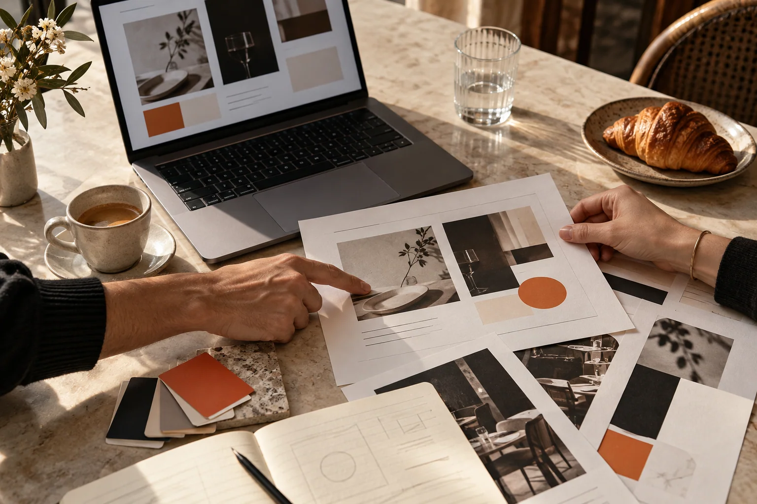 Travail de conception autour d’une carte de restaurant, d’un ordinateur et de pistes graphiques.