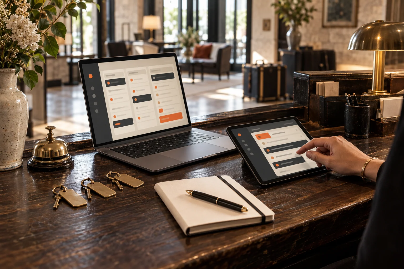 Ordinateur et tablette sur un comptoir d’hôtel pour organiser les demandes et leur suivi.