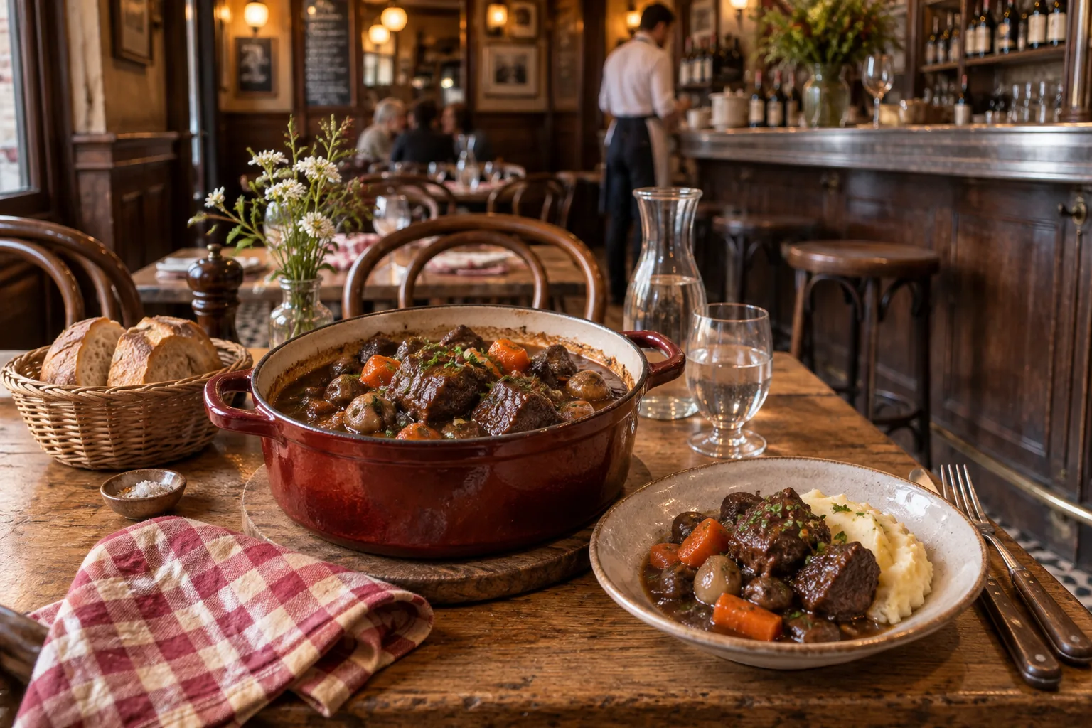Illustration d’un bœuf bourguignon sur une table en bois dans un bistrot traditionnel.
