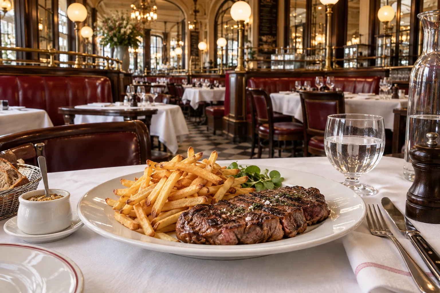 Illustration d’un steak-frites servi dans une brasserie aux banquettes de cuir et aux miroirs.