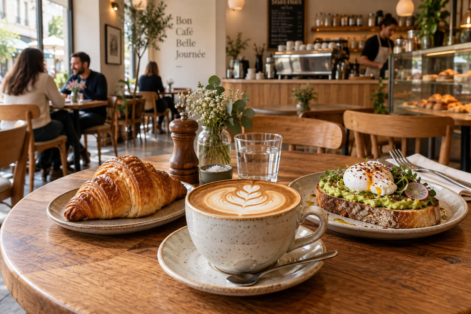 Illustration d’un cappuccino, d’un croissant et d’une tartine pour le brunch dans un café.