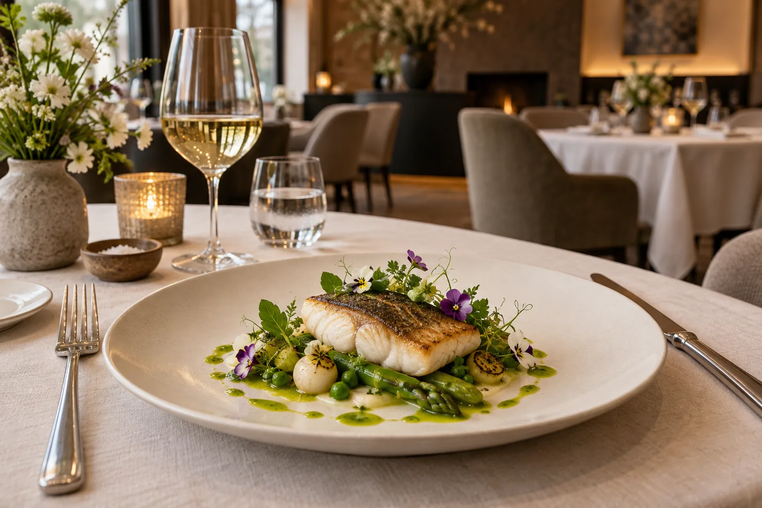 Illustration d’une assiette de poisson et de légumes dressée dans un restaurant gastronomique.
