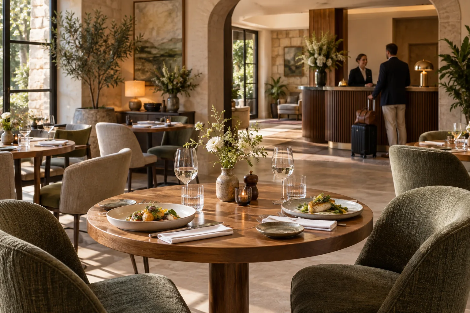 Illustration de la salle de restaurant d’un hôtel avec sa réception visible en arrière-plan.
