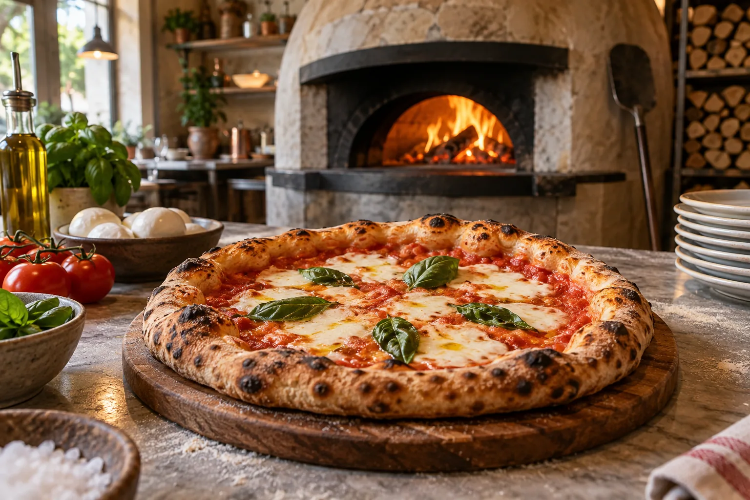 Illustration d’une pizza margherita devant le four à bois d’une pizzeria.