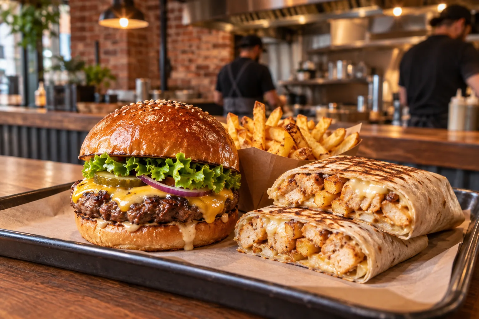 Illustration d’un burger, de frites et d’un tacos grillé au comptoir d’un restaurant de street food.
