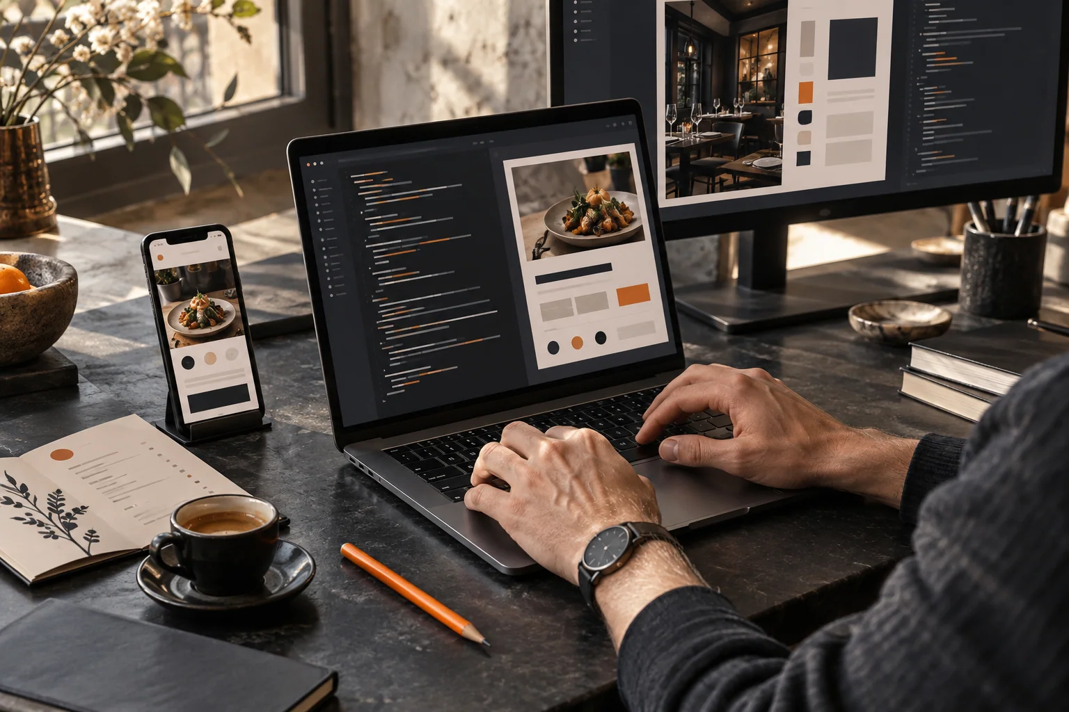Conception d’un site et d’outils numériques adaptés à la restauration, sur ordinateur et téléphone.