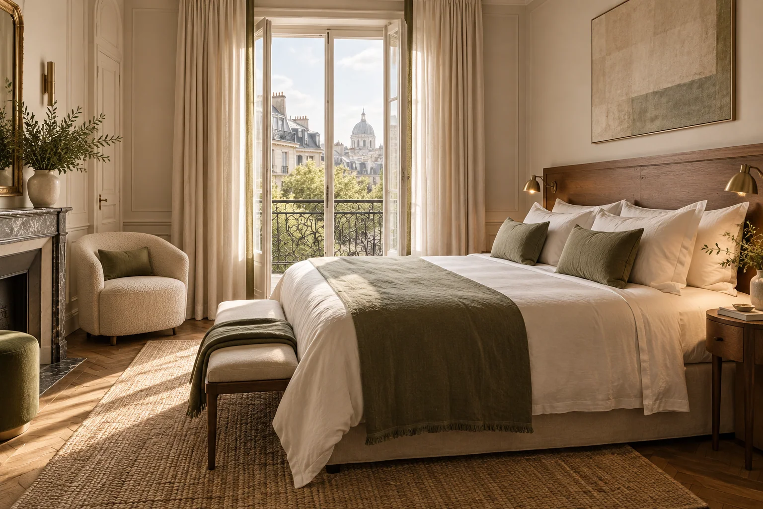 Illustration d’une chambre de boutique-hôtel, avec literie soignée et lumière naturelle.