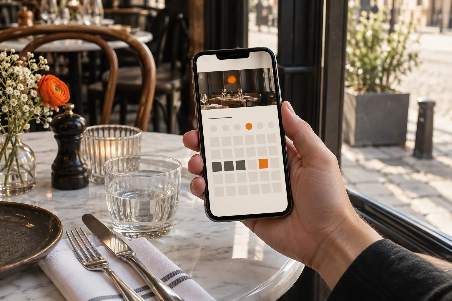 Consultation d’un parcours de réservation sur téléphone dans un restaurant.