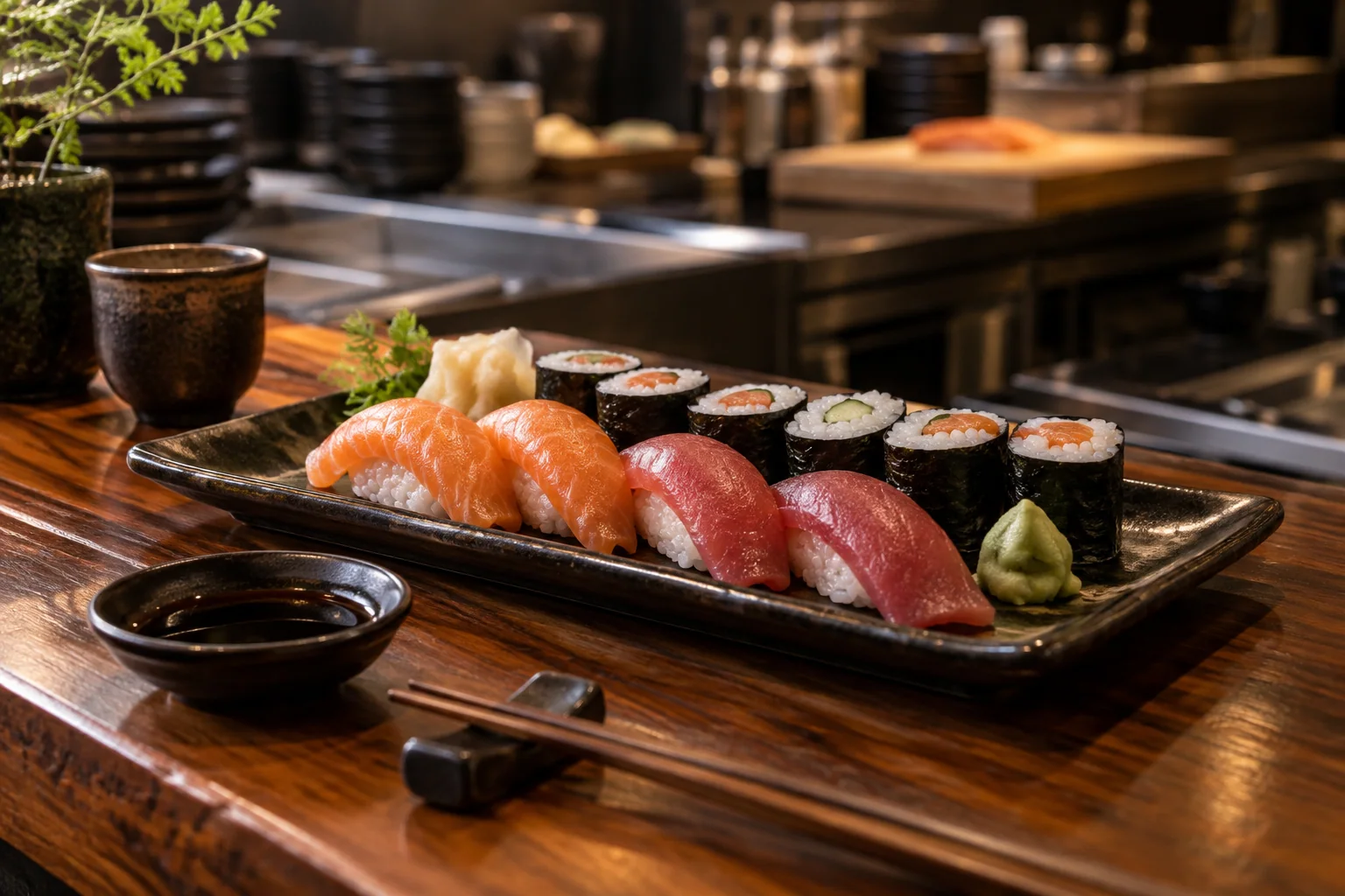 Illustration d’un plateau de nigiri et de maki sur un comptoir de restaurant japonais.
