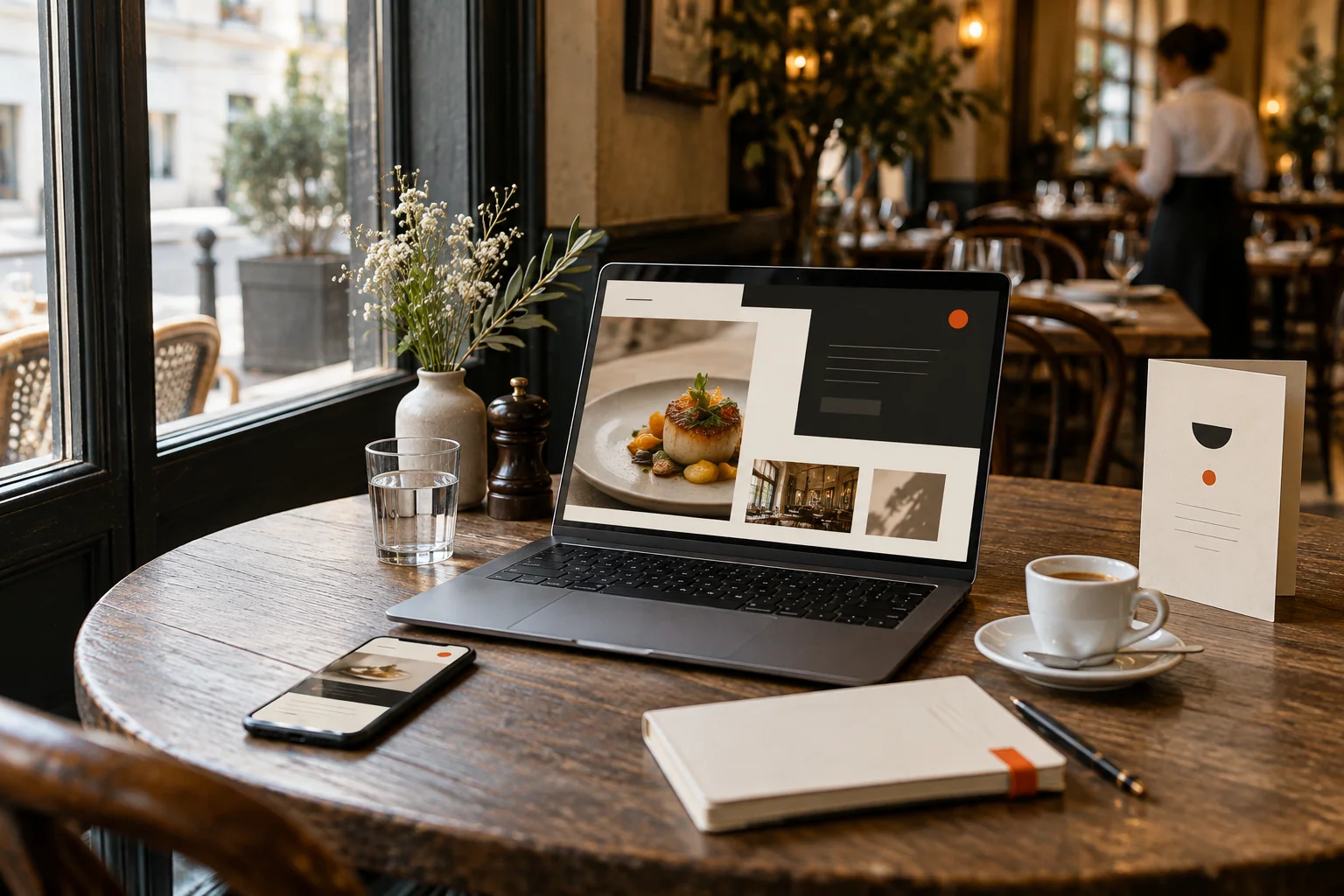 Un ordinateur et un téléphone sur une table de bistrot, pour relier présence digitale et accueil sur place.